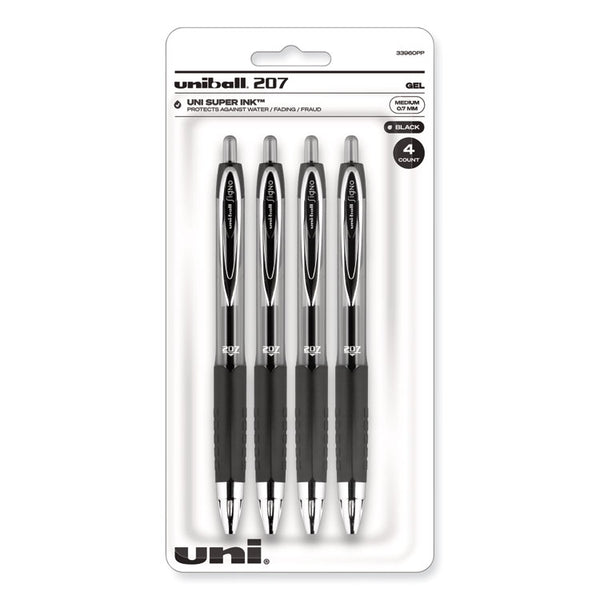 uniball® Signo 207 Gel Pen, Retractable, Medium 0.7 mm, Black Ink, Smoke/Black Barrel, 4/Pack (UBC33960PP) Pack of 4