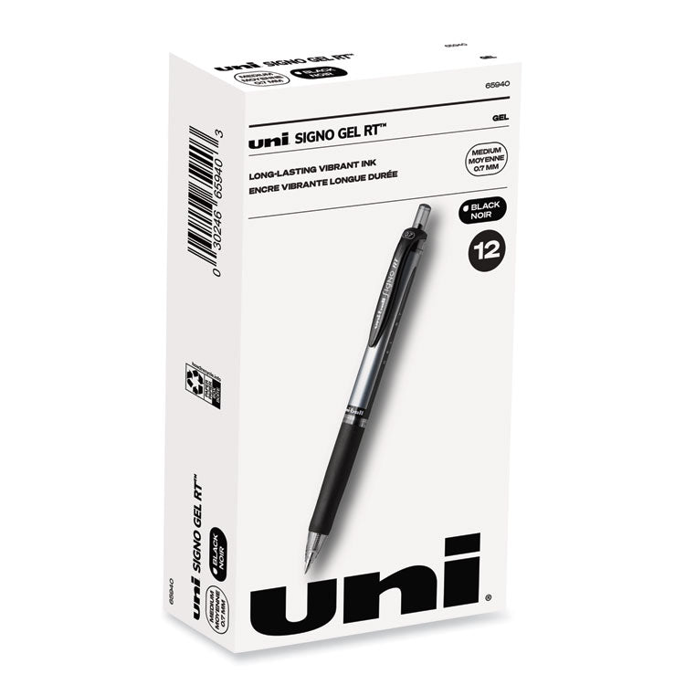 uniball® Signo Gel Pen, Retractable, Medium 0.7 mm, Black Ink, Silver/Black Barrel, Dozen (UBC65940) 1 Dozen