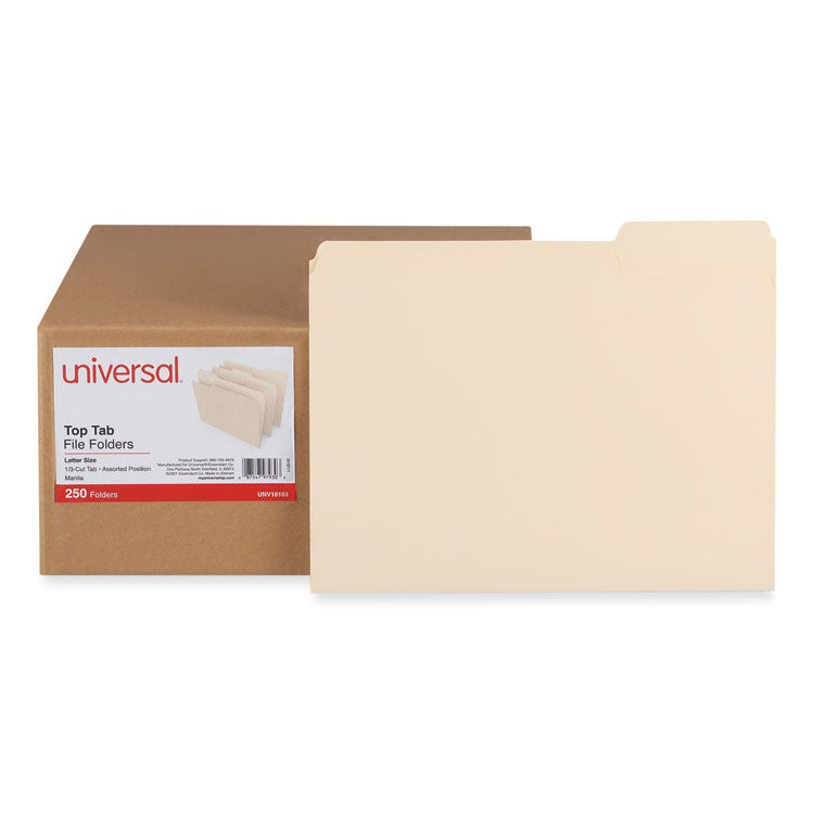 Universal® Top Tab File Folders, 1/3-Cut Tabs: Assorted, Letter Size, 0.75" Expansion, Manila, 250/Box (UNV18103)