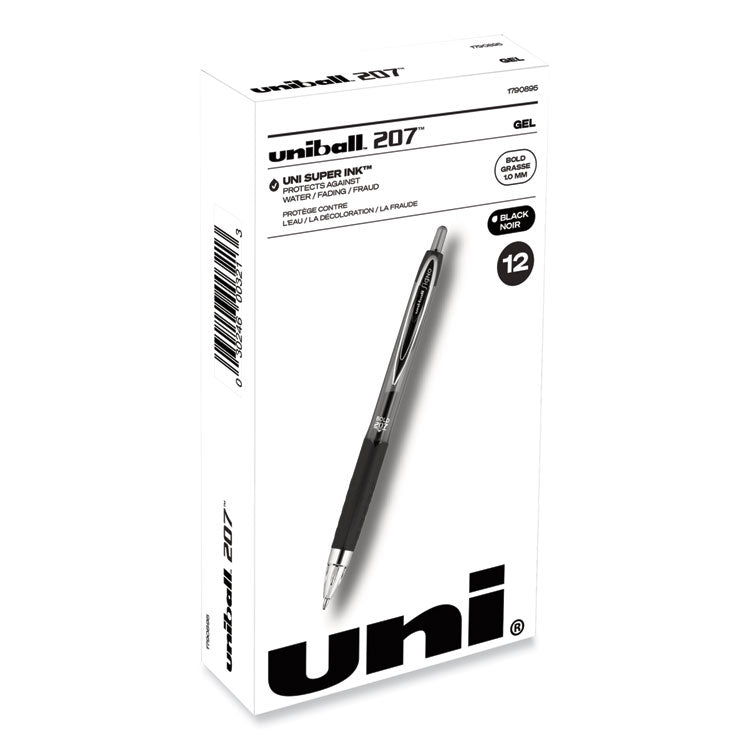 uniball® Signo 207 Gel Pen, Retractable, Bold 1 mm, Black Ink, Smoke/Black Barrel, Dozen (UBC1790895) 1 Dozen
