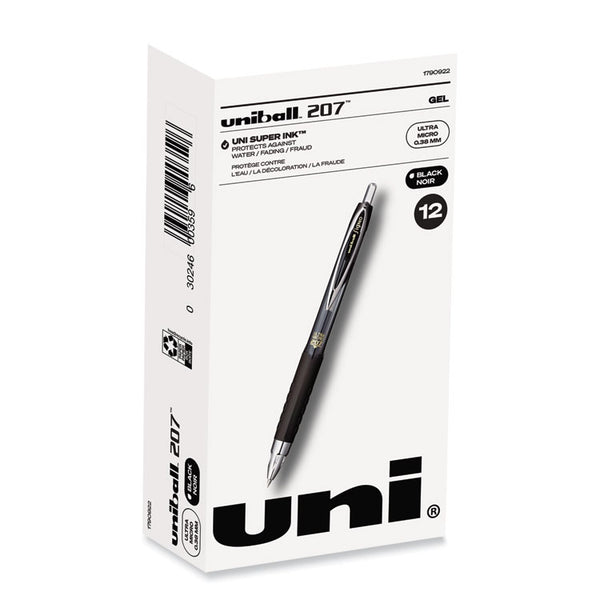 uniball® 207 Signo Gel Ultra Micro Gel Pen, Retractable, Extra-Fine 0.38 mm, Black Ink, Clear/Black Barrel (UBC1790922)