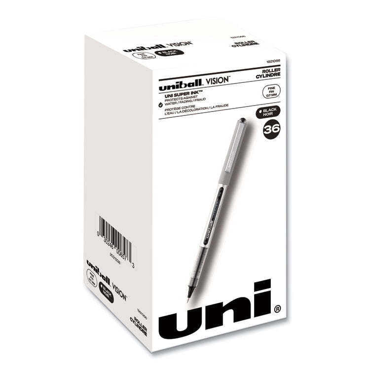 uniball® VISION Roller Ball Pen, Stick, Fine 0.7 mm, Black Ink, Silver/Black/Clear Barrel, 36/Pack (UBC1921066) Pack of 36