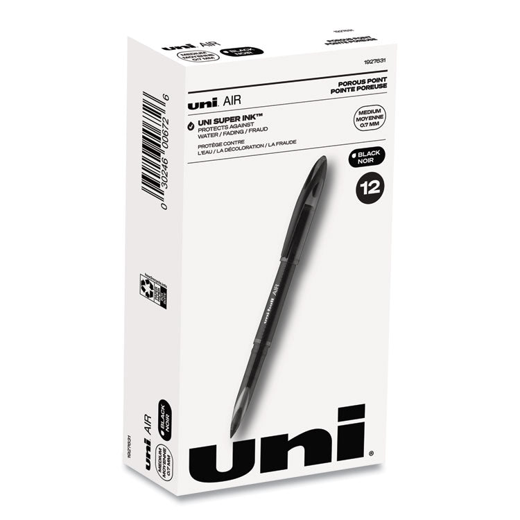 uniball® AIR Porous Rollerball Pen, Medium 0.7 mm, Black Ink/Barrel, Dozen (UBC1927631) 1 Dozen
