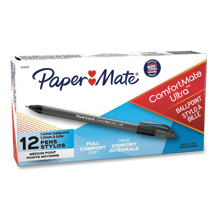 Paper Mate® ComfortMate Ultra Ballpoint Pen, Stick, Medium 1 mm, Black Ink, Black Barrel, Dozen (PAP6130187) Box of 12