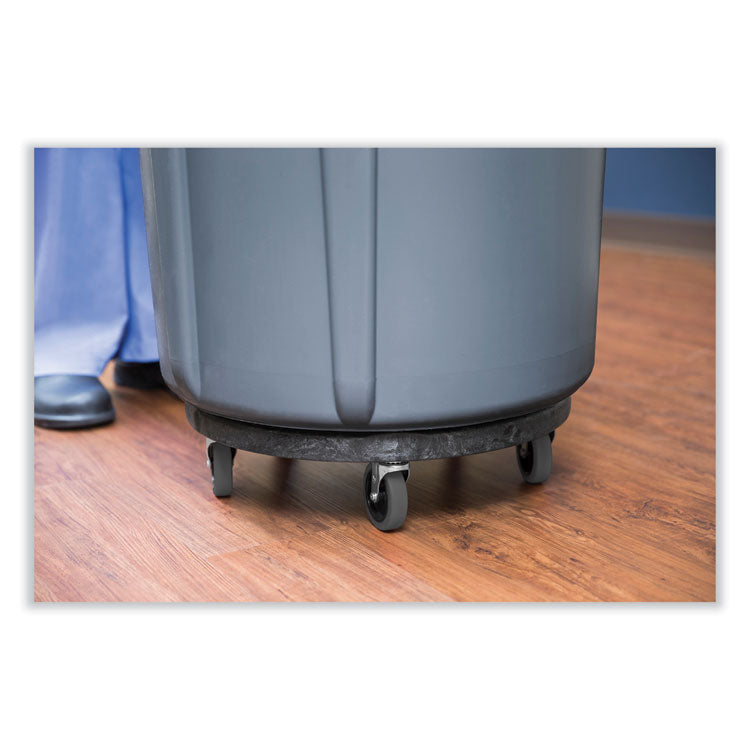 Rubbermaid® Commercial Brute Round Twist On/Off Dolly, 250 lb Capacity, 18" dia x 6.63"h, Fits 20 to 55 Gallon BRUTE Containers, Black (RCP264000BK)