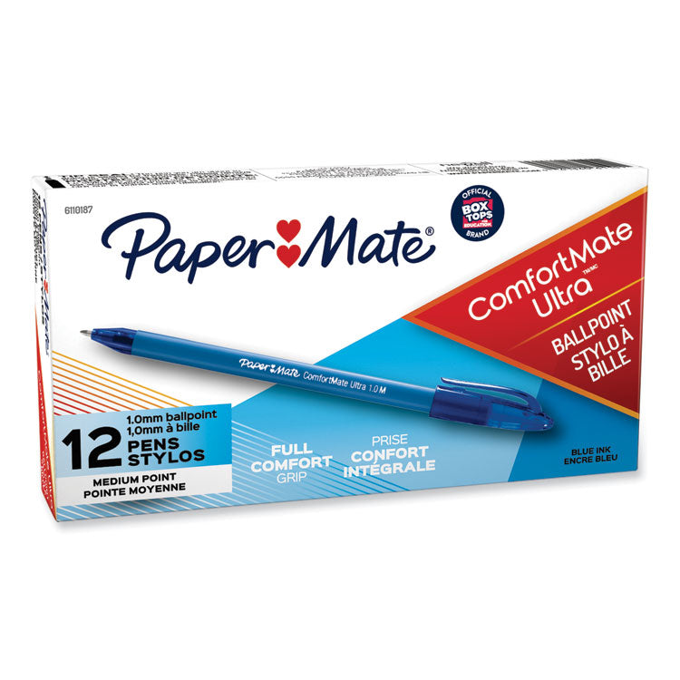 Paper Mate® ComfortMate Ultra Ballpoint Pen, Stick, Medium 1 mm, Blue Ink, Blue Barrel, Dozen (PAP6110187)