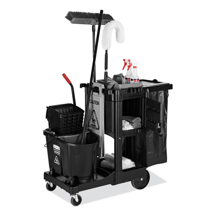Rubbermaid® Commercial Executive Janitorial Cleaning Cart, Plastic, 4 Shelves, 1 Bin, 12.1" x 22.4" x 23", Black (RCP1861430)
