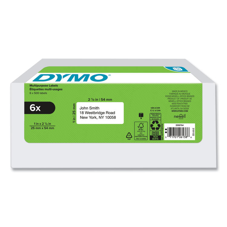 DYMO® LW Multipurpose Labels, 1" x 2.13", White, 500 Labels/Roll, 6 Rolls/Pack (DYM2050764)