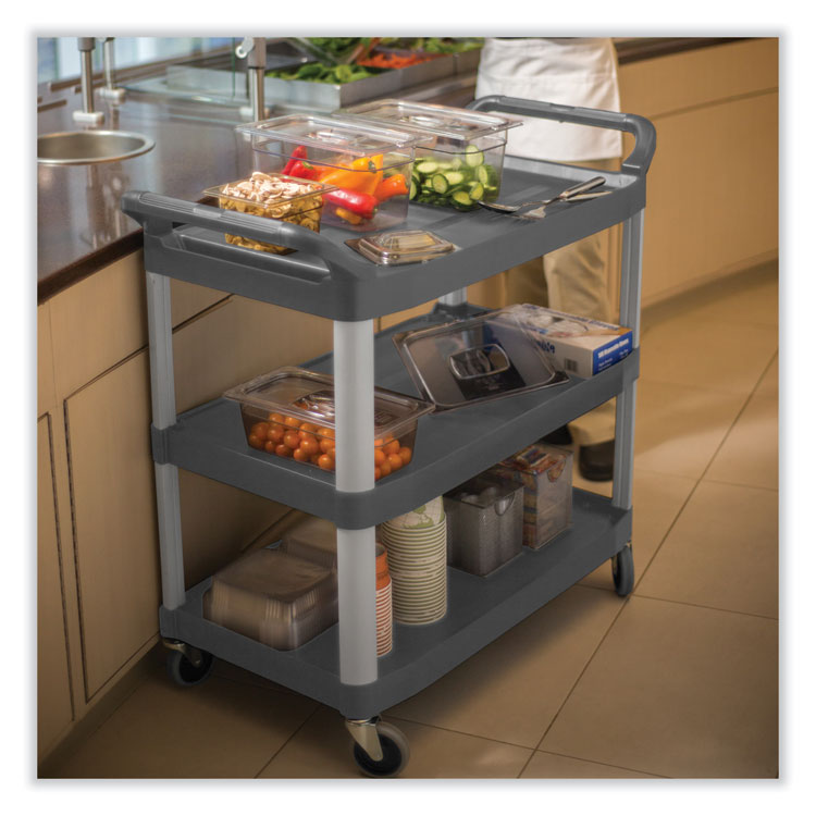 Rubbermaid® Commercial Xtra Utility Cart with Open Sides, Plastic, 3 Shelves, 300 lb Capacity, 20" x 40.63" x 37.8", Gray (RCP4091GRA) Each