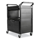 Rubbermaid® Commercial Utility Cart with Locking Doors, Plastic, 3 Shelves, 200 lb Capacity, 33.63" x 18.63" x 37.75", Black (RCP345700BLA)