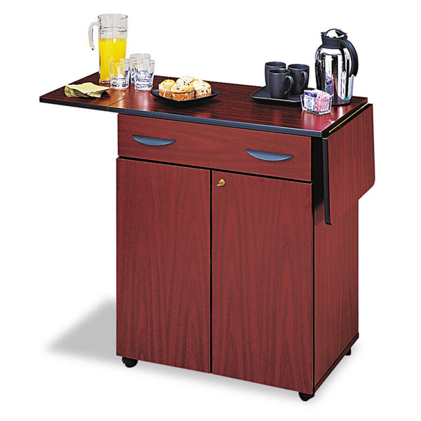 Safco® Hospitality Cart with Drop Leaves, Engineered Wood, 3 Shelves, 1 Drawer, 32.5" to 56.25" x 20.5" x 38.75", Mahogany (SAF8962MH) Each