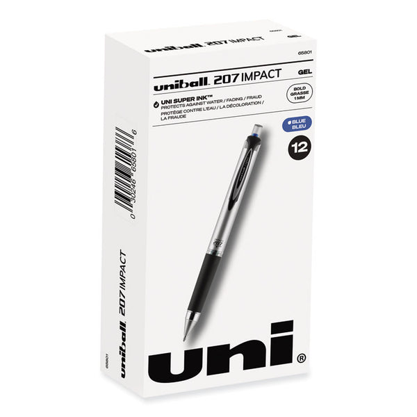 uniball® 207 Impact Gel Pen, Stick, Bold 1 mm, Blue Ink, Silver/Black/Blue Barrel (UBC65801)