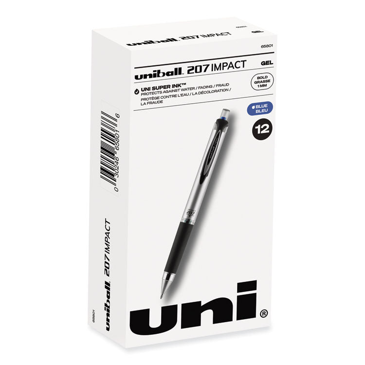 207 Impact Gel Pen, Stick, Bold 1 mm, Blue Ink, Silver/Black/Blue Barrel, Dozen (UBC65801) 1 Dozen