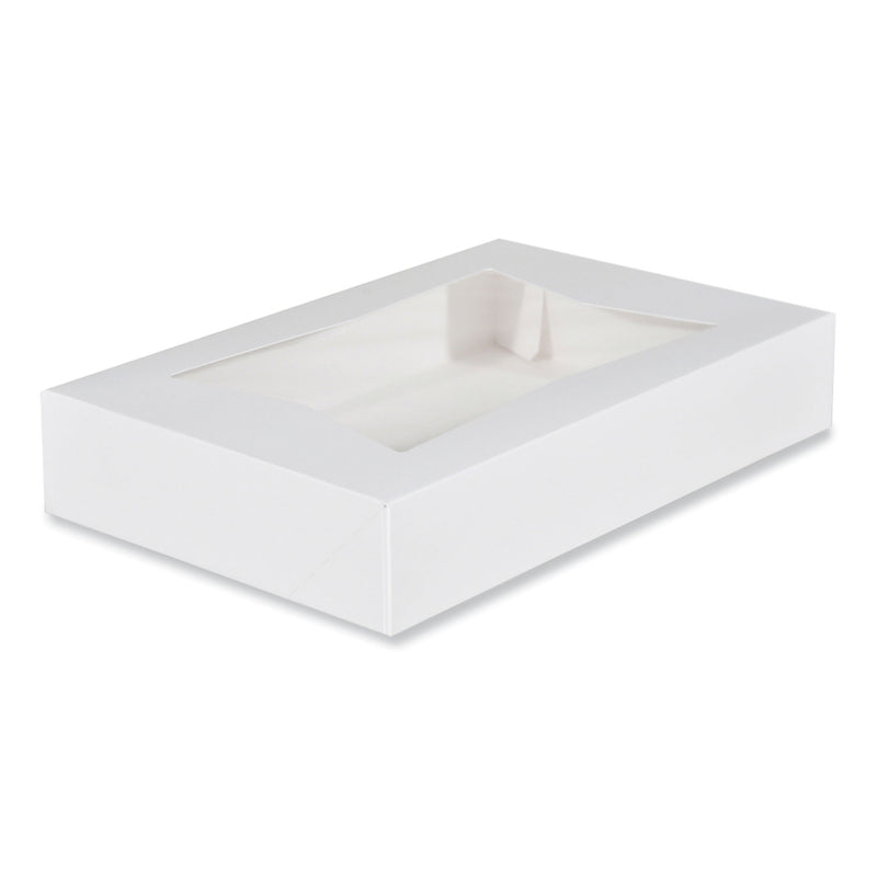 White Window Bakery Boxes with Attached Flip Top, 6-Corner Beers Design, 12 x 8 x 2.25, White, Paper, 200/Carton (SCH24343) Case of 200