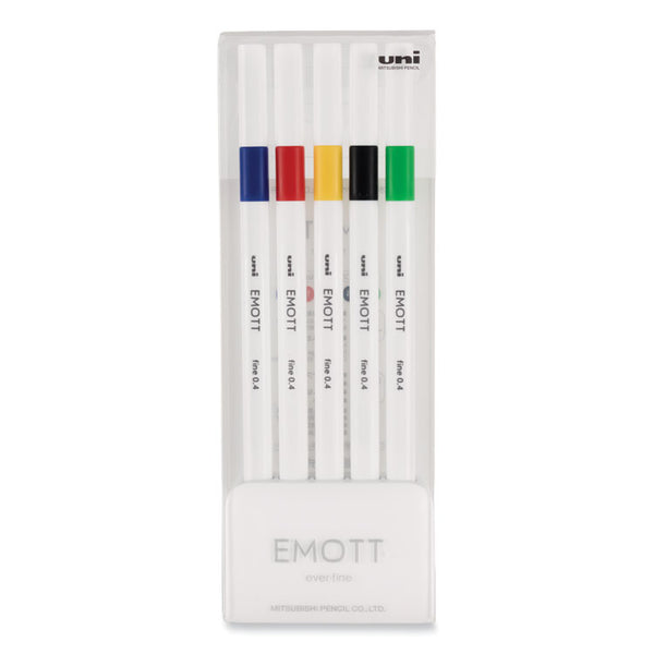 uni&reg; EMOTT Porous Point Pens, Fine 0.4 mm, Assorted Ink, White Barrel, 5/Pack (UBC24828) Each