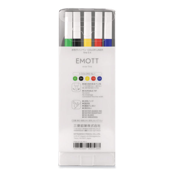 uni&reg; EMOTT Porous Point Pens, Fine 0.4 mm, Assorted Ink, White Barrel, 5/Pack (UBC24828) Each