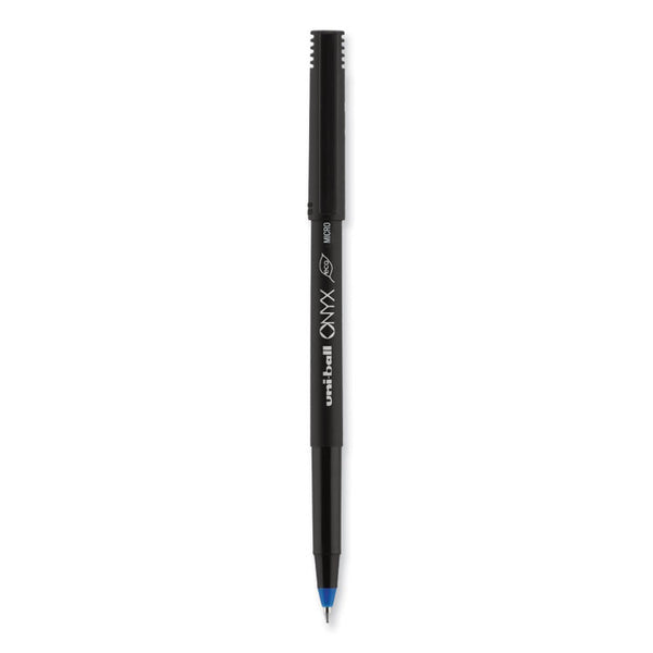 uniball® ONYX Roller Ball Pen, Stick, Extra-Fine 0.5 mm, Blue Ink, Black/Blue Barrel, Dozen (UBC60041)