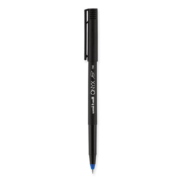 uniball® ONYX Roller Ball Pen, Stick, Fine 0.7 mm, Blue Ink, Black/Blue Barrel, Dozen (UBC60145)