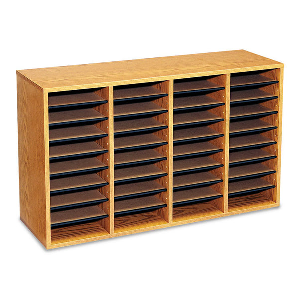 Safco® Wood/Laminate Literature Sorter, 36 Compartments, 39.25 x 11.75 x 24, Medium Oak (SAF9424MO)