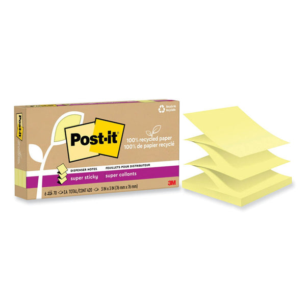 Post-it® Notes Super Sticky 100% Recycled Paper Super Sticky Notes, 3" x 3", Canary Yellow, 70 Sheets/Pad, 6 Pads/Pack (MMMR330R6SSCY)