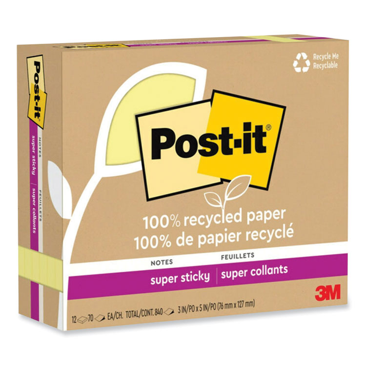 Post-it® Notes Super Sticky 100% Recycled Paper Super Sticky Notes, 3" x 5", Canary Yellow, 70 Sheets/Pad, 12 Pads/Pack (MMM655R12SSCY) Pack of 12