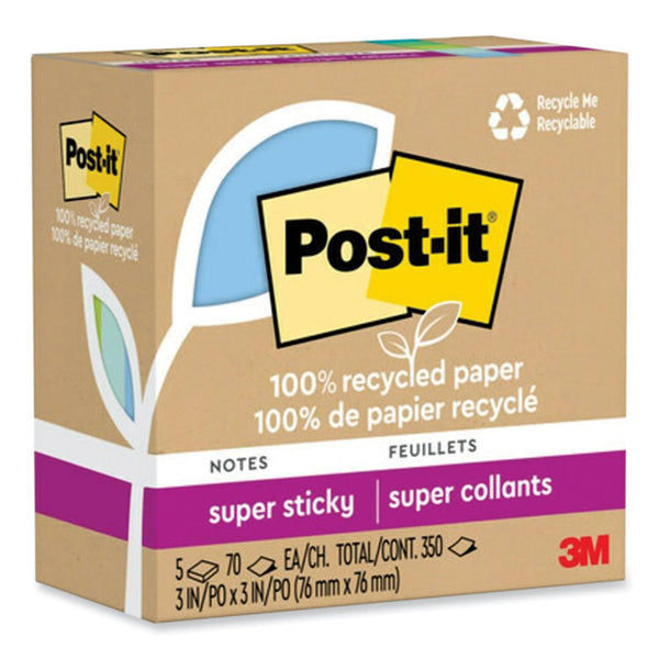 Post-it® Notes Super Sticky 100% Recycled Paper Super Sticky Notes, 3" x 3", Oasis, 70 Sheets/Pad, 5 Pads/Pack (MMM654R5SST) Pack of 5