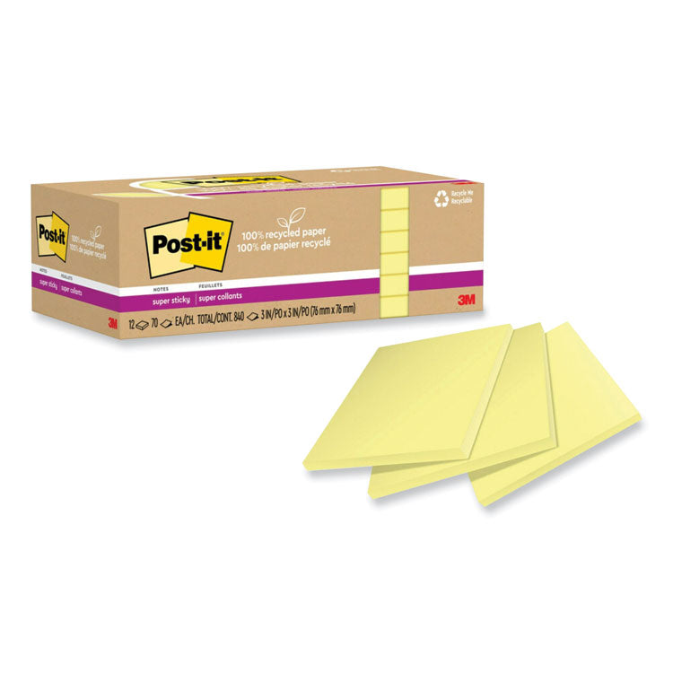 Post-it® Notes Super Sticky 100% Recycled Paper Super Sticky Notes, 3" x 3", Canary Yelow, 70 Sheets/Pad, 12 Pads/Pack (MMM654R12SSCY) Pack of 12