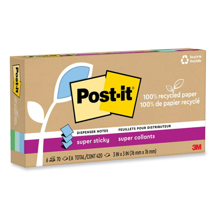 Post-it® Notes Super Sticky 100% Recycled Paper Super Sticky Notes, 3" x 3", Oasis, 70 Sheets/Pad, 6 Pads/Pack (MMMR330R6SST)