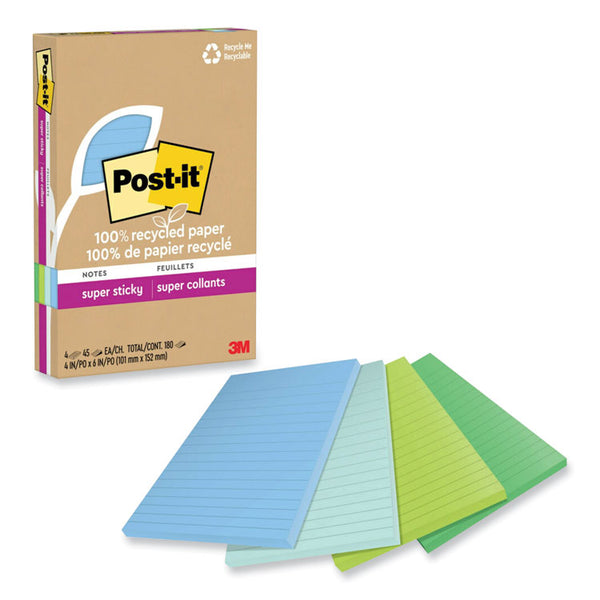 Post-it® Notes Super Sticky 100% Recycled Paper Super Sticky Notes, Ruled, 4" x 6", Oasis, 45 Sheets/Pad, 4 Pads/Pack (MMM4621R4SST)