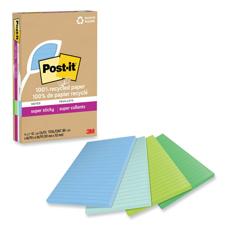 Post-it® Notes Super Sticky 100% Recycled Paper Super Sticky Notes, Ruled, 4" x 6", Oasis, 45 Sheets/Pad, 4 Pads/Pack (MMM4621R4SST) Pack of 4