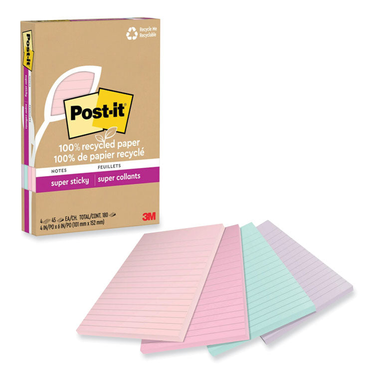 Post-it® Notes Super Sticky 100% Recycled Paper Super Sticky Notes, Ruled, 4" x 6", Wanderlust Pastels, 45 Sheets/Pad, 4 Pads/Pack (MMM4621R4SSNRP) Pack of 4