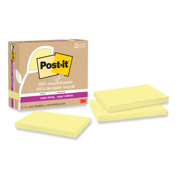 Post-it® Notes Super Sticky 100% Recycled Paper Super Sticky Notes, 3" x 5", Canary Yellow, 70 Sheets/Pad, 12 Pads/Pack (MMM655R12SSCY) Pack of 12