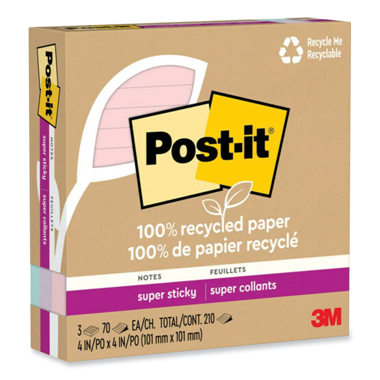 Post-it® Notes Super Sticky 100% Recycled Paper Super Sticky Notes, Ruled, 4" x 4", Wanderlust Pastels, 70 Sheets/Pad, 3 Pads/Pack (MMM675R3SSNRP) Pack of 3