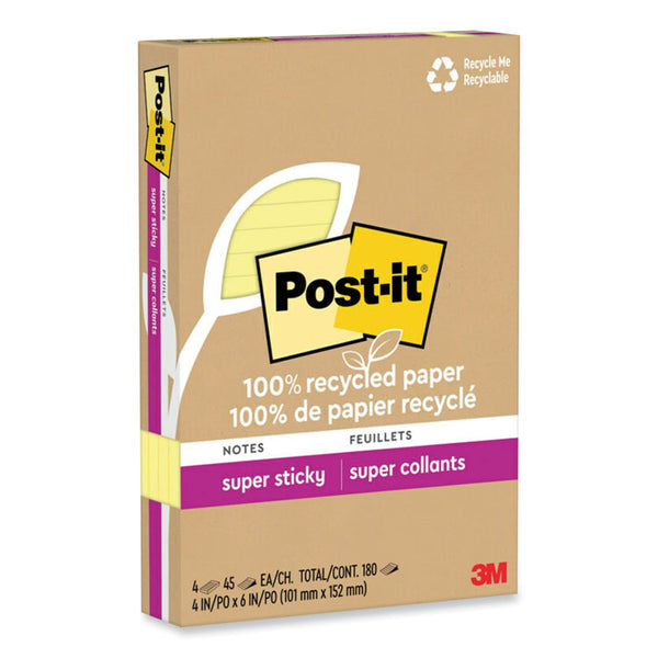 Post-it® Notes Super Sticky 100% Recycled Paper Super Sticky Notes, Ruled, 4" x 6", Canary Yellow, 45 Sheets/Pad, 4 Pads/Pack (MMM4621R4SSCY)