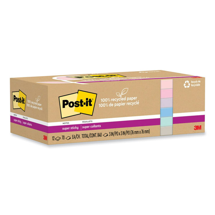 Post-it® Notes Super Sticky 100% Recycled Paper Super Sticky Notes, 3" x 3", Wanderlust Pastels, 70 Sheets/Pad, 12 Pads/Pack (MMM654R12SSNRP) Pack of 12