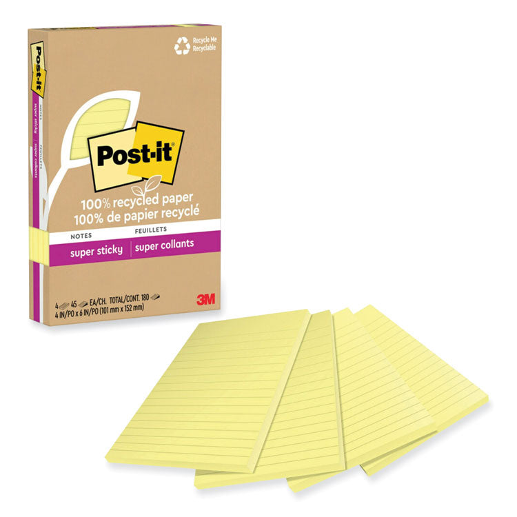 Post-it® Notes Super Sticky 100% Recycled Paper Super Sticky Notes, Ruled, 4" x 6", Canary Yellow, 45 Sheets/Pad, 4 Pads/Pack (MMM4621R4SSCY) Pack of 4