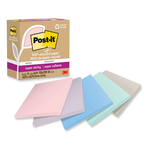 Post-it® Notes Super Sticky 100% Recycled Paper Super Sticky Notes, 3" x 3", Wanderlust Pastels, 70 Sheets/Pad, 5 Pads/Pack (MMM654R5SSNRP) Pack of 5