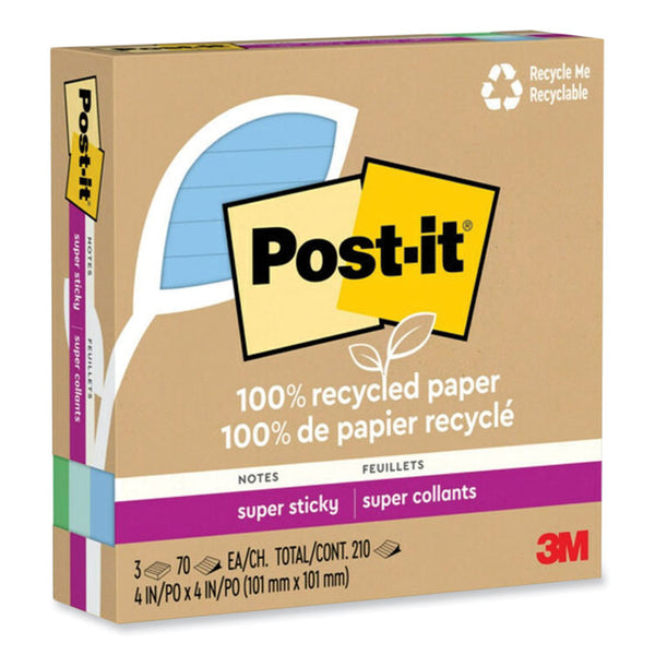Post-it® Notes Super Sticky 100% Recycled Paper Super Sticky Notes, Ruled, 4" x 4", Oasis, 70 Sheets/Pad, 3 Pads/Pack (MMM675R3SST)