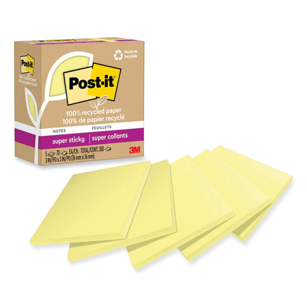 Post-it® Notes Super Sticky 100% Recycled Paper Super Sticky Notes, 3" x 3", Canary Yellow, 70 Sheets/Pad, 5 Pads/Pack (MMM654R5SSCY) Pack of 5