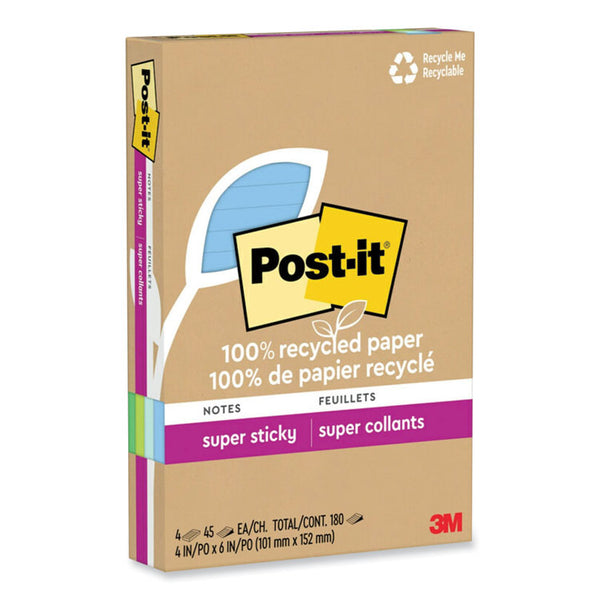 Post-it® Notes Super Sticky 100% Recycled Paper Super Sticky Notes, Ruled, 4" x 6", Oasis, 45 Sheets/Pad, 4 Pads/Pack (MMM4621R4SST)