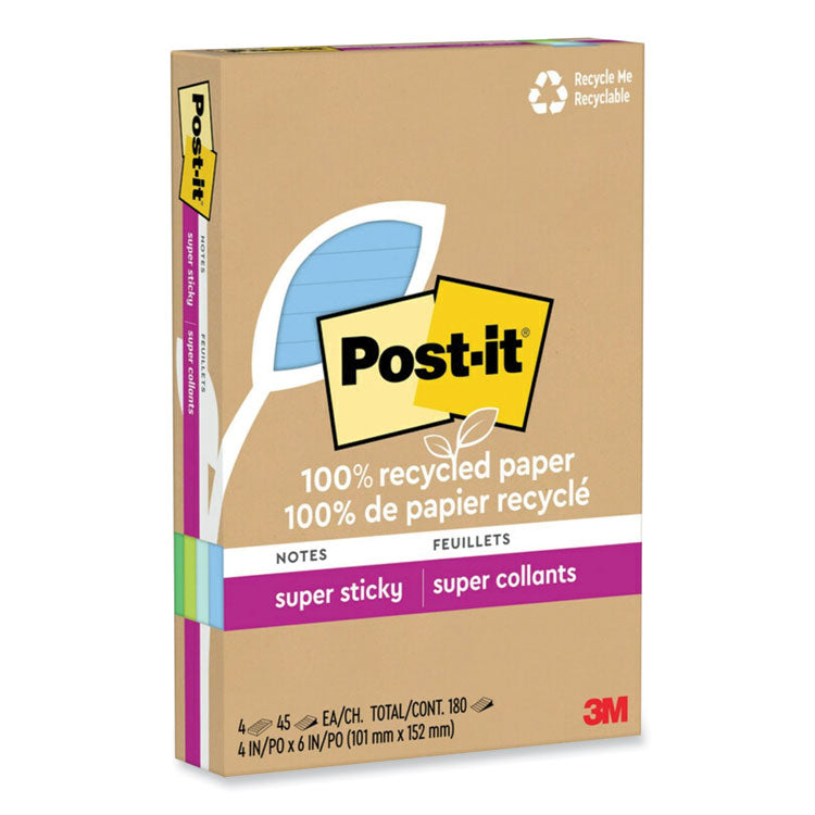 Post-it® Notes Super Sticky 100% Recycled Paper Super Sticky Notes, Ruled, 4" x 6", Oasis, 45 Sheets/Pad, 4 Pads/Pack (MMM4621R4SST) Pack of 4