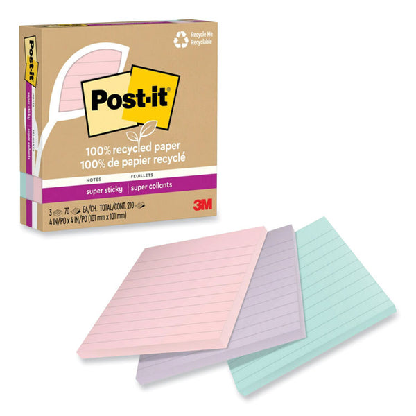 Post-it® Notes Super Sticky 100% Recycled Paper Super Sticky Notes, Ruled, 4" x 4", Wanderlust Pastels, 70 Sheets/Pad, 3 Pads/Pack (MMM675R3SSNRP) Pack of 3