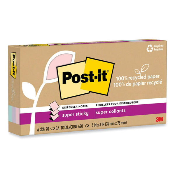 Post-it® Notes Super Sticky 100% Recycled Paper Super Sticky Notes, 3" x 3", Wanderlust Pastels, 70 Sheets/Pad, 6 Pads/Pack (MMMR330R6SSNRP)