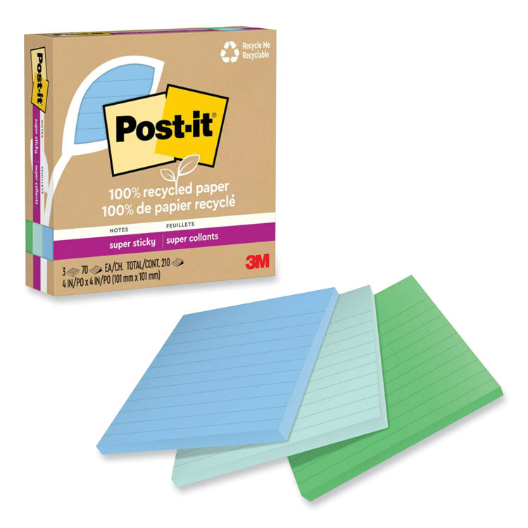 Post-it® Notes Super Sticky 100% Recycled Paper Super Sticky Notes, Ruled, 4" x 4", Oasis, 70 Sheets/Pad, 3 Pads/Pack (MMM675R3SST)