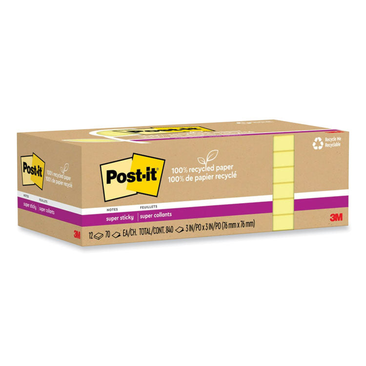 Post-it® Notes Super Sticky 100% Recycled Paper Super Sticky Notes, 3" x 3", Canary Yelow, 70 Sheets/Pad, 12 Pads/Pack (MMM654R12SSCY) Pack of 12