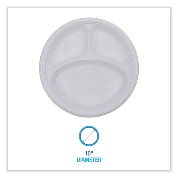 Boardwalk® Hi-Impact Plastic Dinnerware, Plate, 3-Compartment, 10" dia, White, 500/Carton (BWKPLTHIPS10WH3)