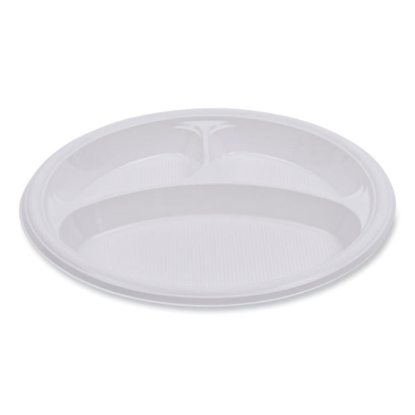 Boardwalk® Hi-Impact Plastic Dinnerware, Plate, 3-Compartment, 10" dia, White, 500/Carton (BWKPLTHIPS10WH3)
