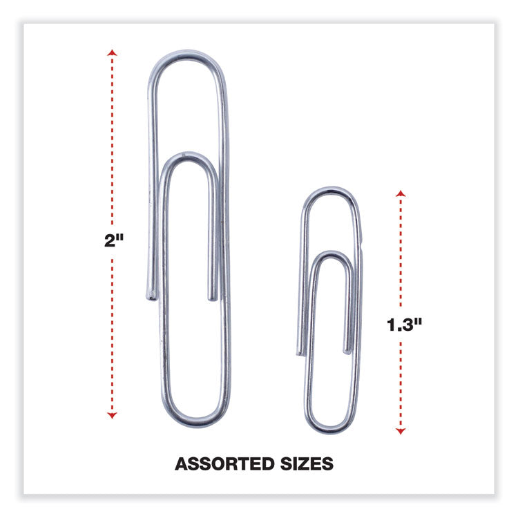 Universal® Plastic-Coated Paper Clips with One-Compartment Storage Tub, (750) #1 (1.3"), (250) Jumbo (2"), Silver (UNV21001)