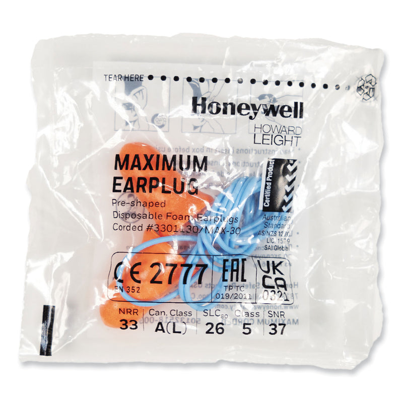 Howard Leight MAXIMUM Single-Use Earplugs, Corded, 33NRR, Coral, 100 Pairs (HOWMXM30) Box of 100