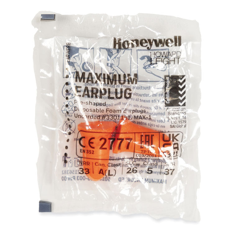 Howard Leight® by Honeywell MAXIMUM Single-Use Earplugs, Cordless, 33NRR, Coral, 200 Pairs (HOWMAX1) Box of 200